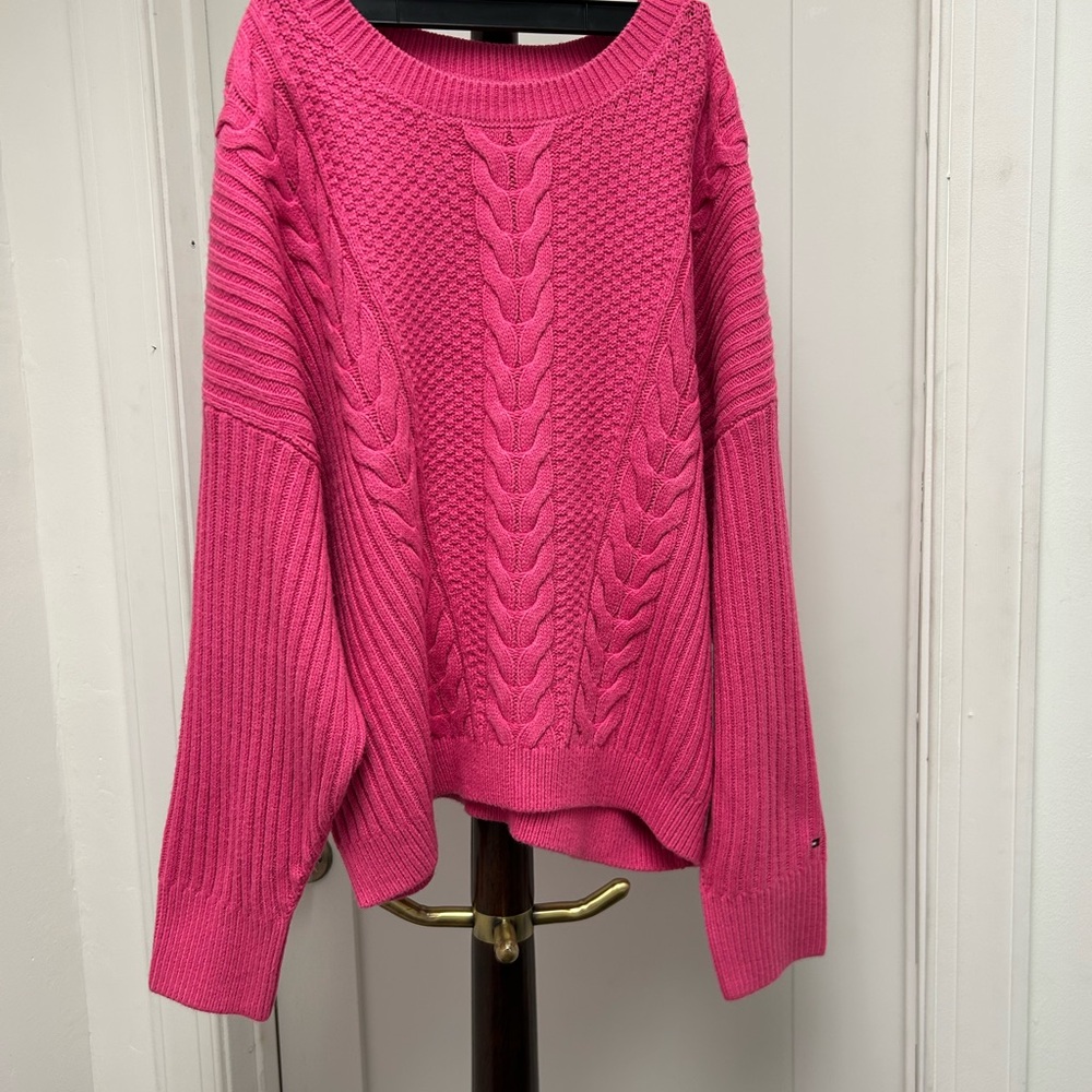 Tommy Hilfiger Hot Pink Cable-Knit Crewneck Sweater